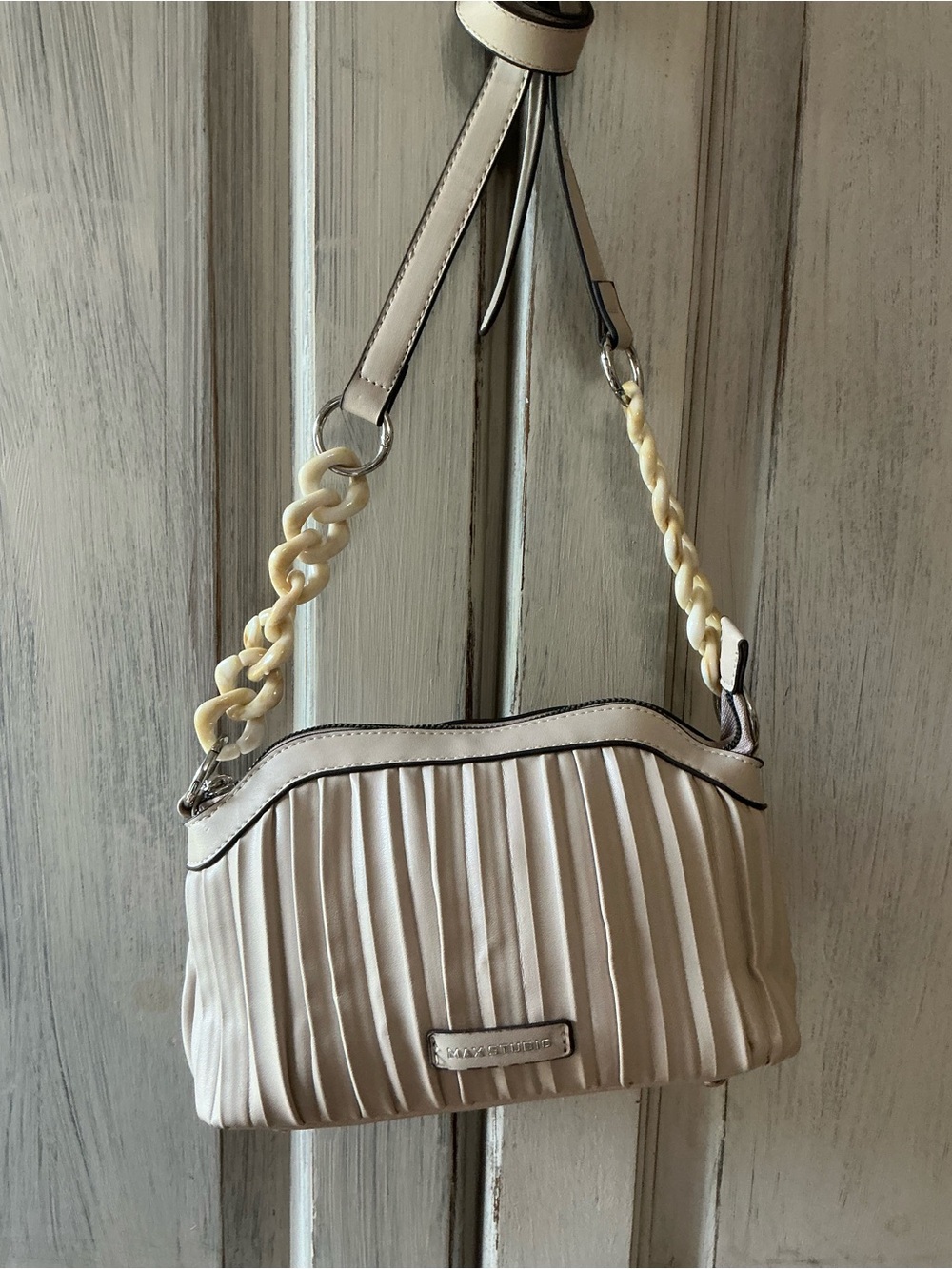 Max Studio Cream Pleated Crossbody with Braided Chain Strap